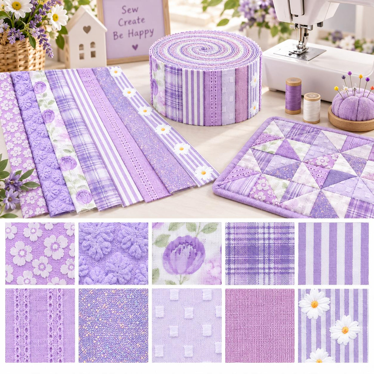 10pcs Vintage Floral Plaid Purple Pattern Jelly Roll Fabric Strips 2.5X19.7inch Pre-cut 100% Polyester for Patchwork Quilts, Table Runners, Placemats, Tote Bags, Storage Pouches, Makeup Bags, Coasters, Quilt Blocks & Binding Multi-color