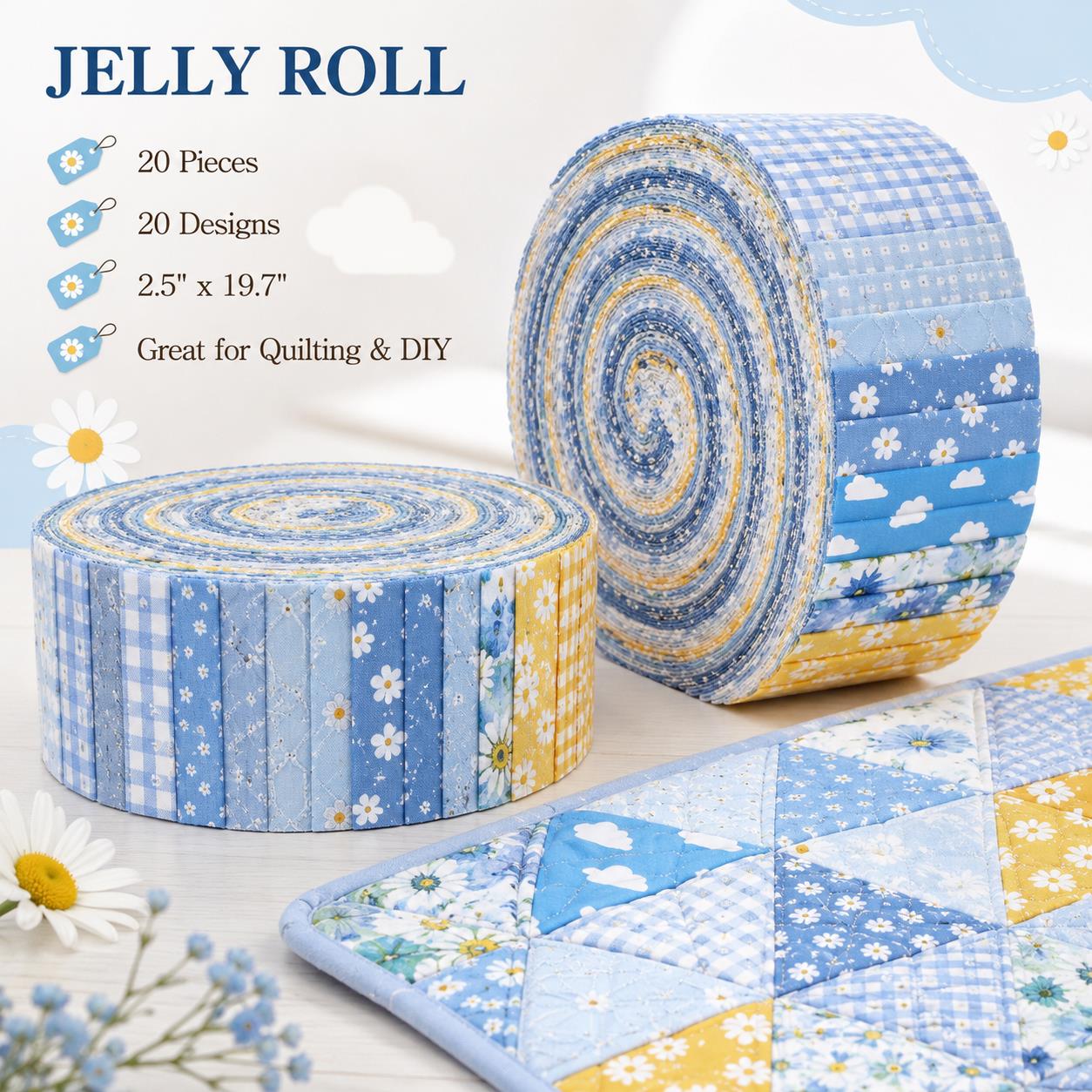 20pcs Vintage Daisy Floral Blue Series Jelly Roll Sliced Fabric Strips 2.5X19.7inch Fresh and Delicate Printed Pre-cut Multi-Color 100% Polyester for DIY Handmade Patchwork, Table Runners, Placemats, Tote Bags, Storage Pouches, Makeup Bags, Coasters