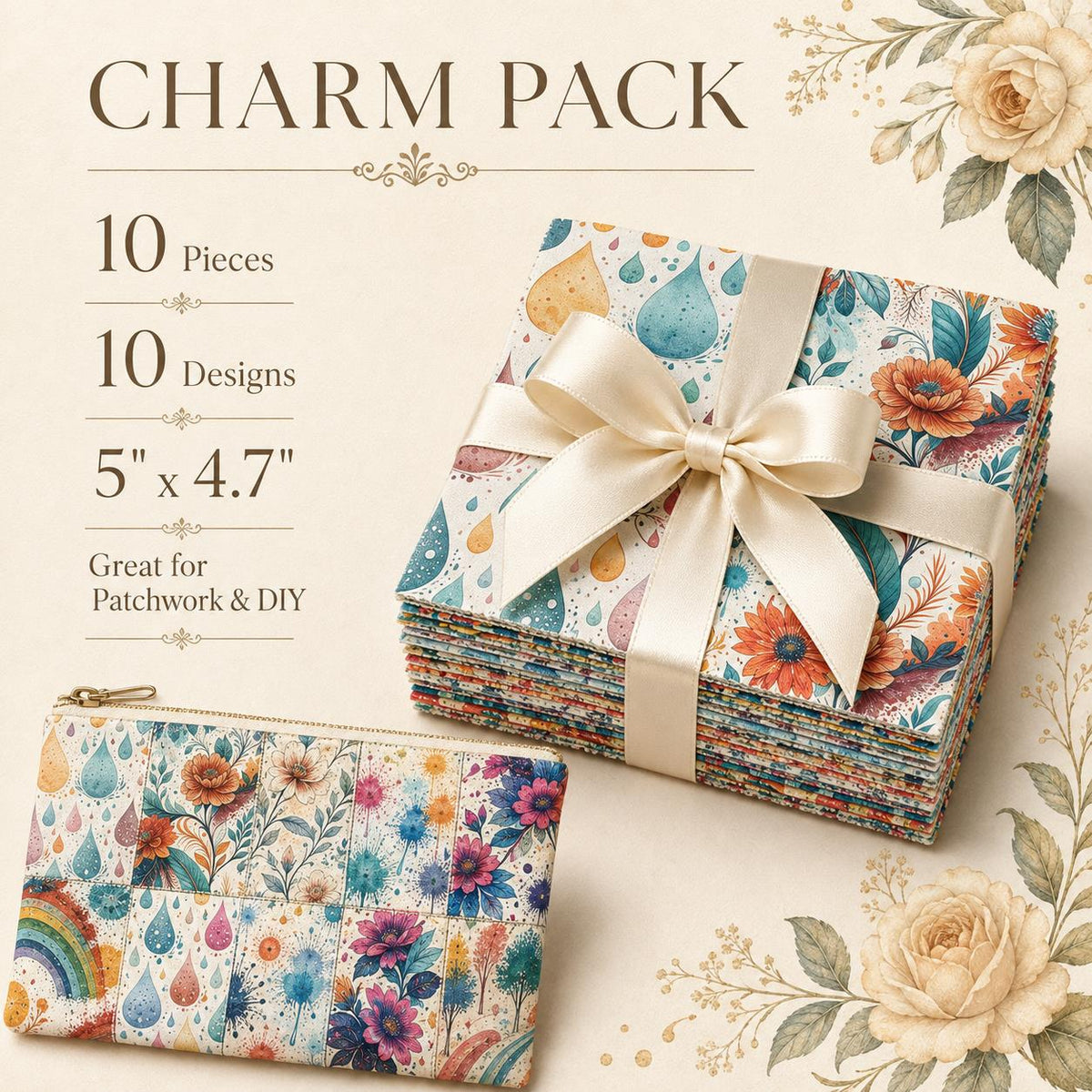 10pcs Charm Pack Set PaInt Splatter Floral Pattern 100% Polyester Patchwork in 10 Design Styles, Ready-To-Sew Without Cutting, Suitable For Patchwork Wallet Making Gift Giving Tote Bags Coasters DIY Craft Projects