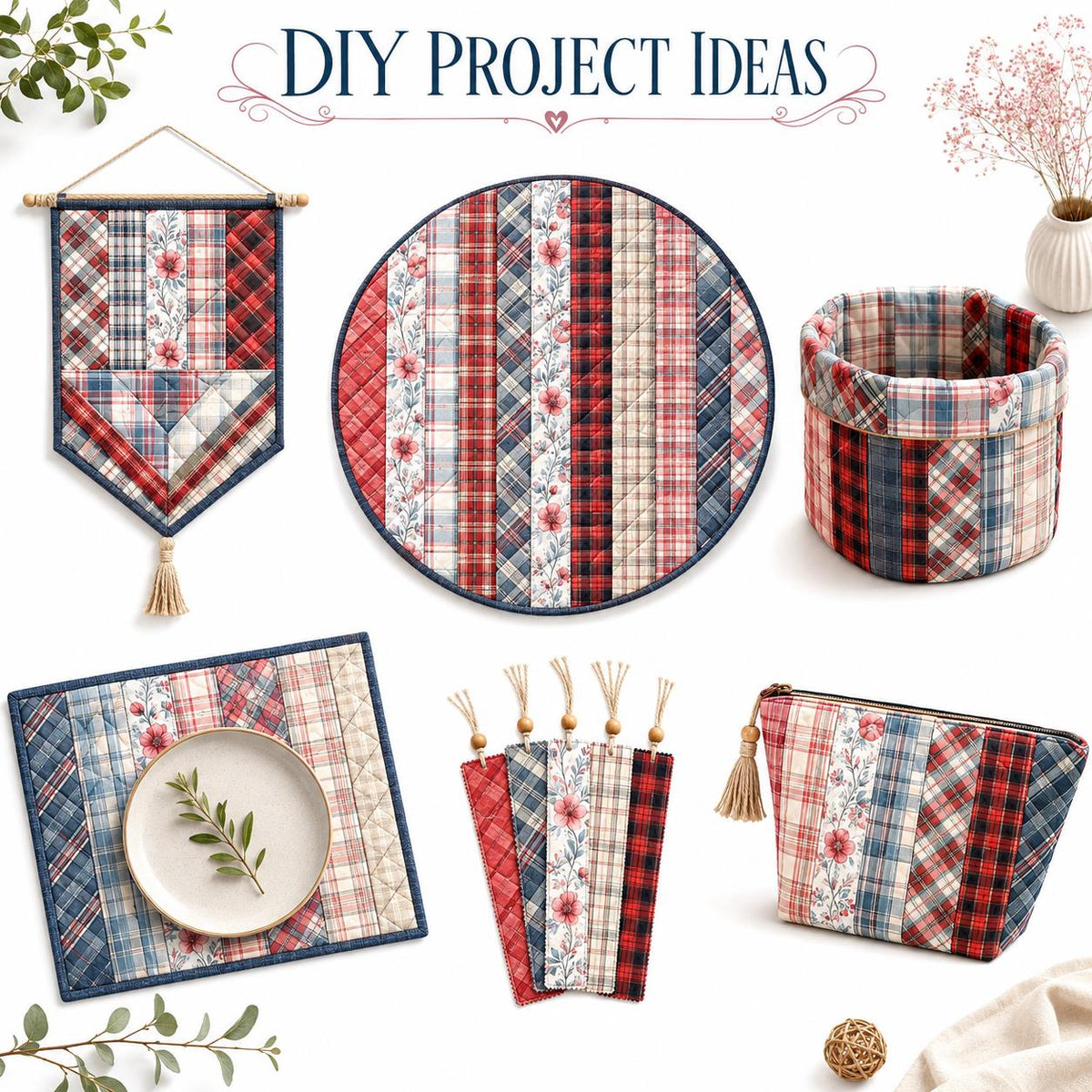 10pcs Vintage Plaid Red Floral Pattern Jelly Roll Fabric Strips 2.5X19.7inch Pre-Cut 100% Polyester For Patchwork Quilts, Table Runners, Placemats, Tote Bags, Storage Pouches, Makeup Bags, Coasters, Quilt Blocks & Binding