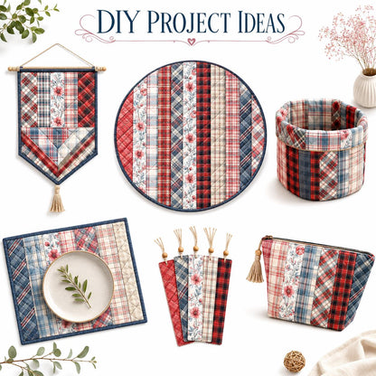 10pcs Vintage Plaid Red Floral Pattern Jelly Roll Fabric Strips 2.5X19.7inch Pre-Cut 100% Polyester For Patchwork Quilts, Table Runners, Placemats, Tote Bags, Storage Pouches, Makeup Bags, Coasters, Quilt Blocks & Binding