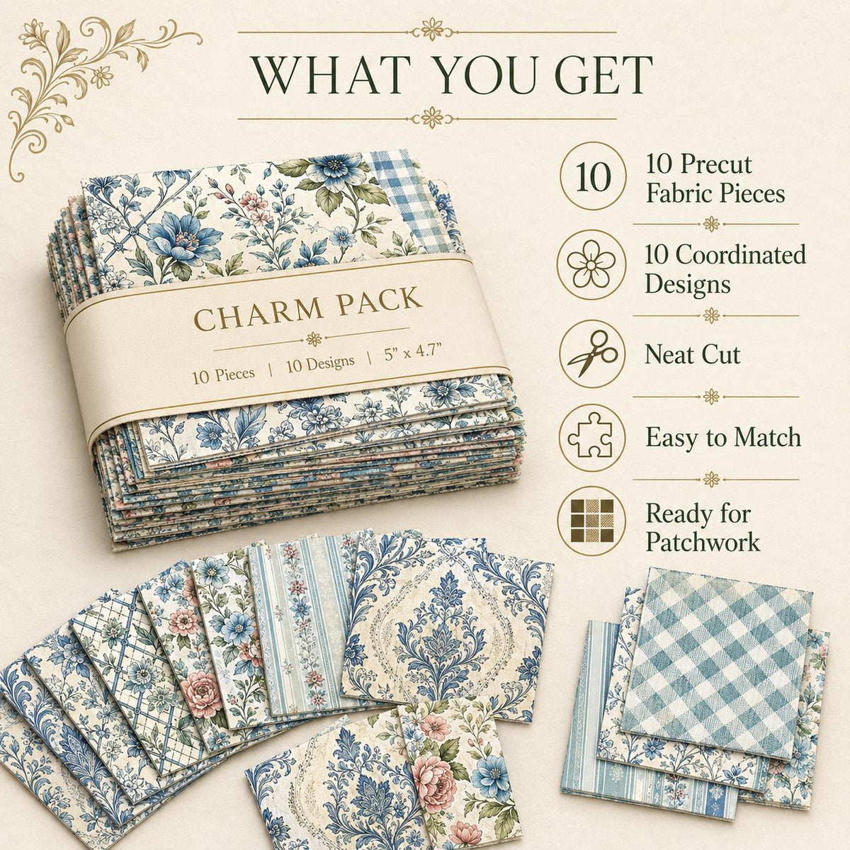 10pcs Charm Pack Set Floral Pattern Vintage Style Handmade DIY with Rich Color and Texture Elements 100% Polyester Patchwork in 10 Design Styles Suitable for Patchwork DIY Craft Projects DIY Wallet Making Gift Giving Bag Making Mother's Day Gift