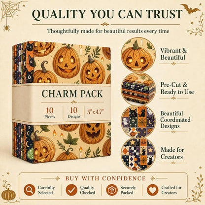 10pcs Charm Pack Set Bat Pumpkin Skull Cat Halloween Vintage Style Pattern Handmade DIY with Rich Color and Texture Elements 100% Polyester Patchwork in 10 Design Styles Suitable for Patchwork DIY Craft Projects DIY Wallet Making Gift Giving Bag Making