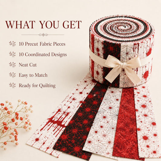 10pcs Vintage Blood Halloween Theme Jelly Roll Fabric Strips 2.5X19.7inch Pre-Cut 100% Polyester For Patchwork Quilts, Table Runners, Placemats, Tote Bags, Storage Pouches, Makeup Bags, Coasters, Quilt Blocks & Binding