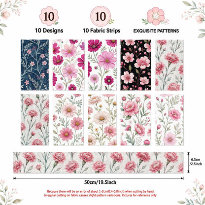 10pcs Vintage Floral Pattern Jelly Roll Fabric Strips 2.5X19.7inch Pre-Cut 100% Polyester For Patchwork Quilts, Table Runners, Placemats, Tote Bags, Storage Pouches, Makeup Bags, Coasters, Quilt Blocks & Binding
