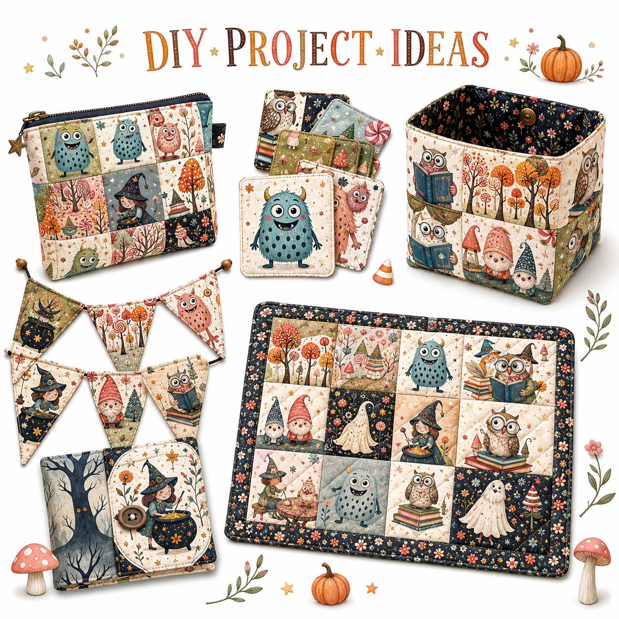 10Pc/Set Halloween Series Flower Owl Skull Pumpkin Witch Mushroom Cat Fat Quarter Fabric, Pre-Cut Square Fabric Assort, Fabric Set, Craft Fabric, Handmade DIY Patchwork Fabric,Home Quilting Sewing Fabric, Packaging Fabric, Scrapbooking Craft Hobbyist
