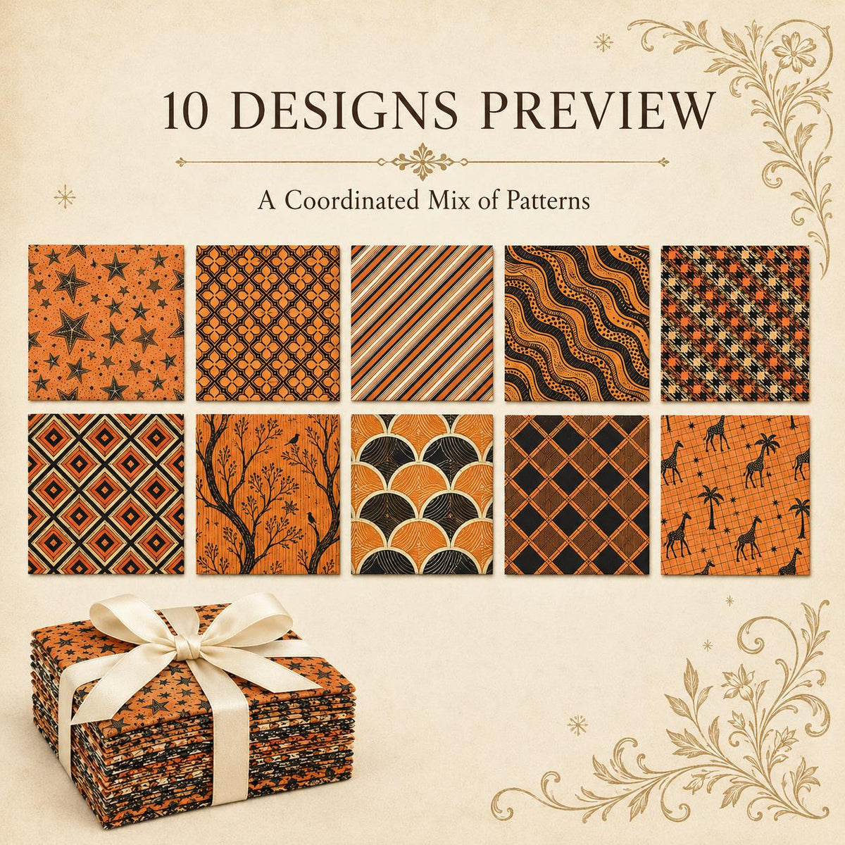10Pc/Set Orange Autumn Series Flower Star Deer Plaid Fat Quarter Fabric, Pre-Cut Square Fabric Assort, Fabric Set, Craft Fabric, Handmade DIY Patchwork Fabric,Home Quilting Sewing Fabric, Packaging Fabric, Scrapbooking Craft Hobbyist
