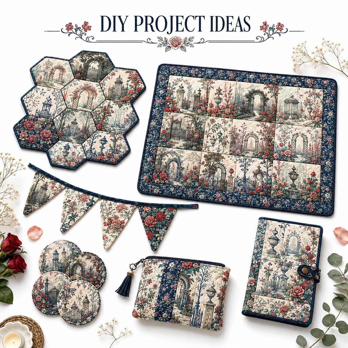 10pcs Vintage Floral Door Pavilion Pattern Jelly Roll Fabric Strips 2.5X19.7inch Pre-Cut 100% Polyester For Patchwork Quilts, Table Runners, Placemats, Tote Bags, Storage Pouches, Makeup Bags, Coasters, Quilt Blocks & Binding