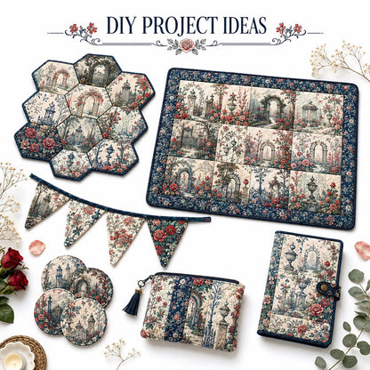 10pcs Vintage Floral Door Pavilion Pattern Jelly Roll Fabric Strips 2.5X19.7inch Pre-Cut 100% Polyester For Patchwork Quilts, Table Runners, Placemats, Tote Bags, Storage Pouches, Makeup Bags, Coasters, Quilt Blocks & Binding
