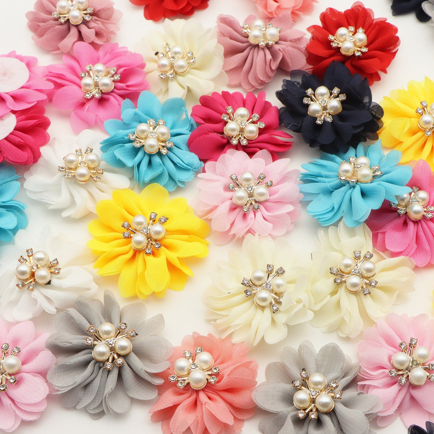 12Pcs/set Chiffon Fabric Flowers with Faux Pearl Center, 1.96inch Polyester Hair Accessories for DIY Hairbands, Headbands, Dresses, Sandals, Hats - Casual Style, Woven, Festive Decorations