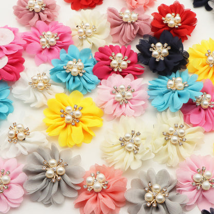 12Pcs/set Chiffon Fabric Flowers with Faux Pearl Center, 1.96inch Polyester Hair Accessories for DIY Hairbands, Headbands, Dresses, Sandals, Hats - Casual Style, Woven, Festive Decorations