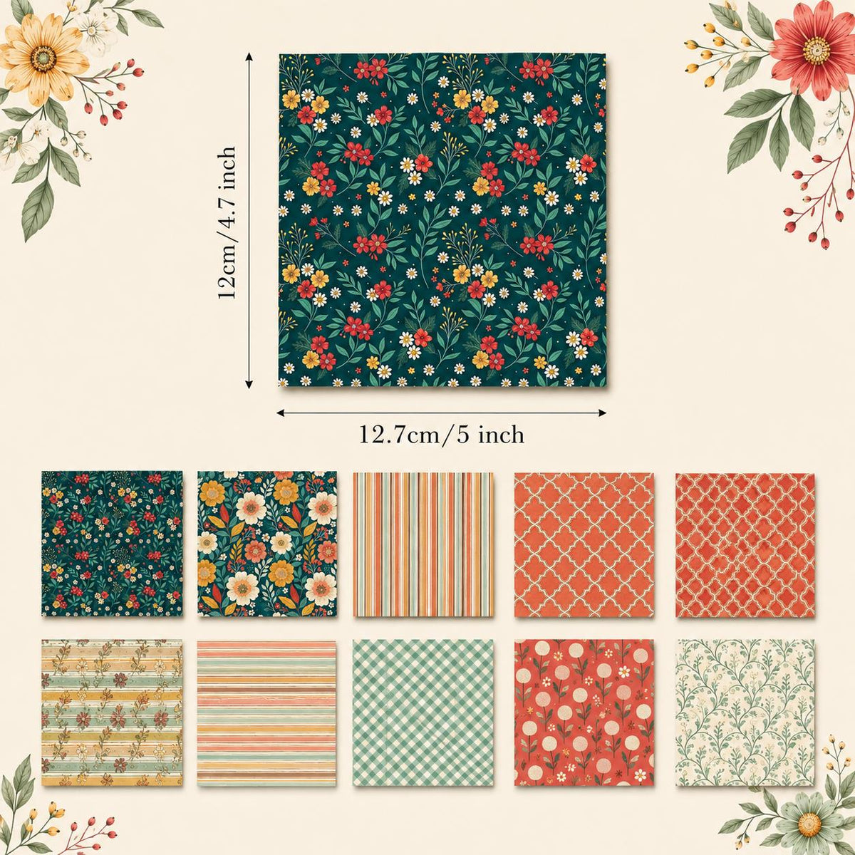 10pcs Charm Pack Set Floral Plaid Pattern Vintage Style Handmade DIY with Rich Color and Texture Elements 100% Polyester Patchwork in 10 Design Styles Suitable for Patchwork DIY Craft Projects DIY Wallet Making Gift Giving Bag Making Mother's Day Gift