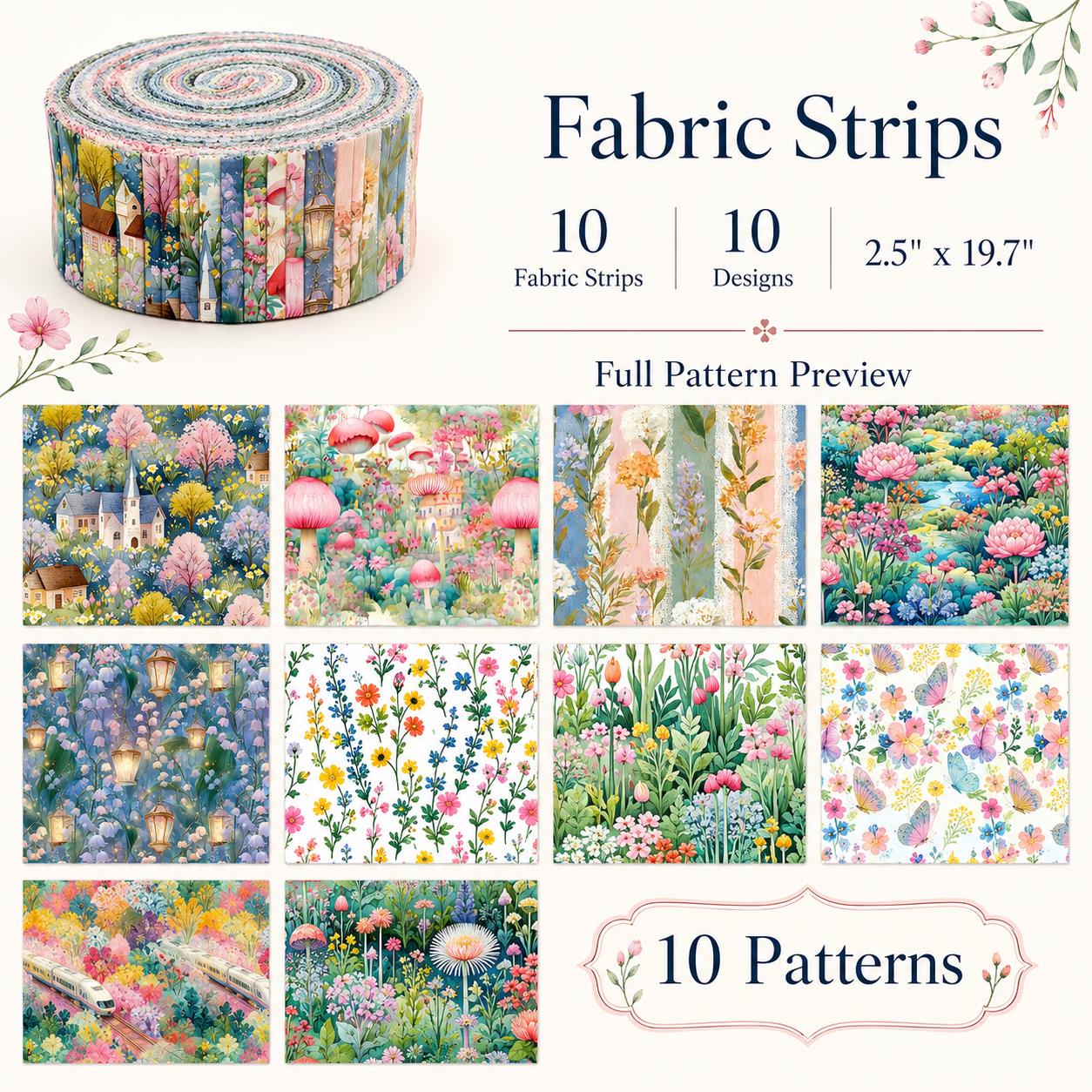10pcs Vintage Floral Mushroom Spring Pattern Jelly Roll Fabric Strips 2.5X19.7inch Pre-cut 100% Polyester for Patchwork Quilts, Table Runners, Placemats, Tote Bags, Storage Pouches, Makeup Bags, Coasters, Quilt Blocks & Binding