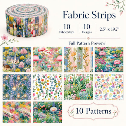 10pcs Vintage Floral Mushroom Spring Pattern Jelly Roll Fabric Strips 2.5X19.7inch Pre-cut 100% Polyester for Patchwork Quilts, Table Runners, Placemats, Tote Bags, Storage Pouches, Makeup Bags, Coasters, Quilt Blocks & Binding
