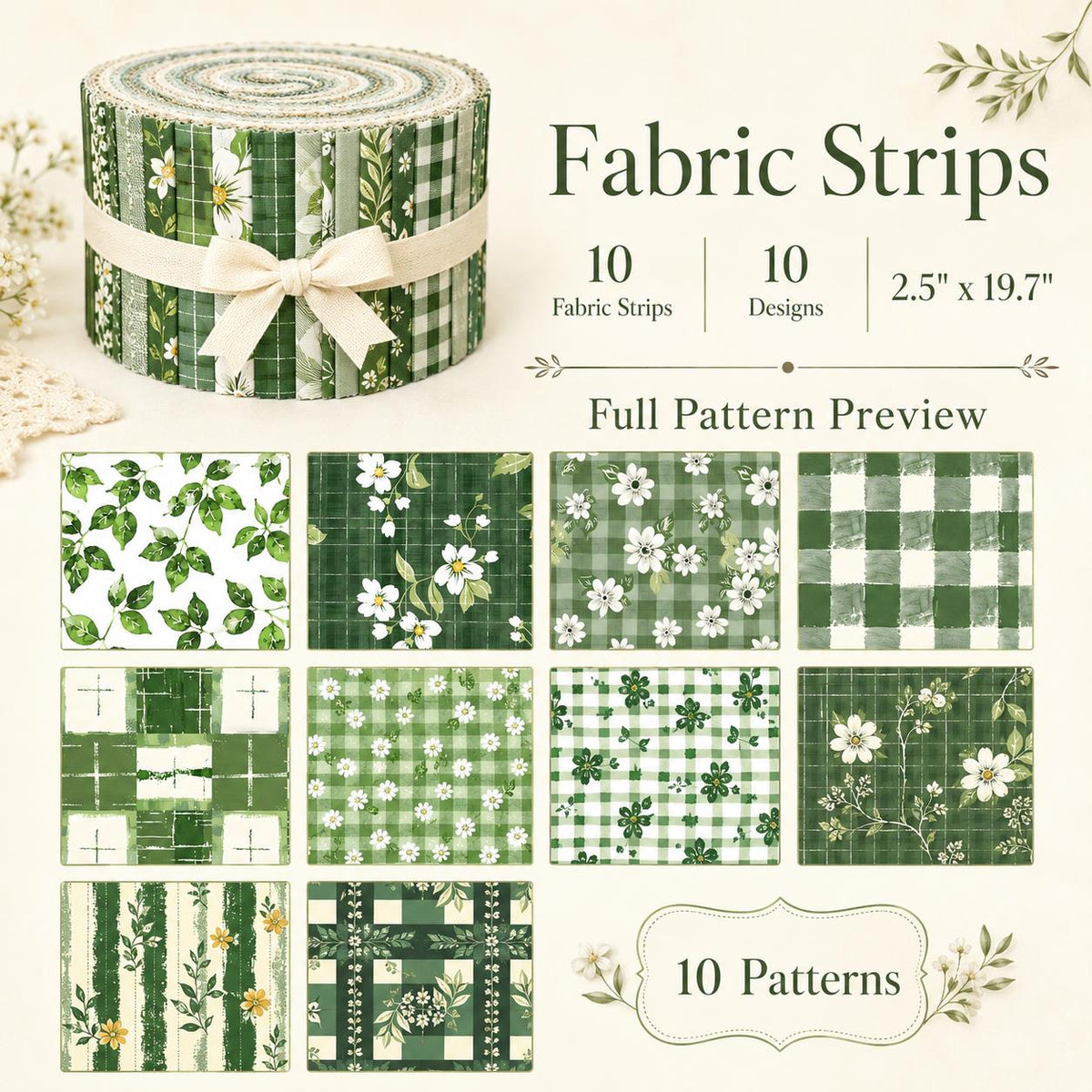 10pcs Vintage Floral Green Pattern Jelly Roll Fabric Strips 2.5X19.7inch Pre-cut 100% Polyester for Patchwork Quilts, Table Runners, Placemats, Tote Bags, Storage Pouches, Makeup Bags, Coasters, Quilt Blocks & Binding Multi-color