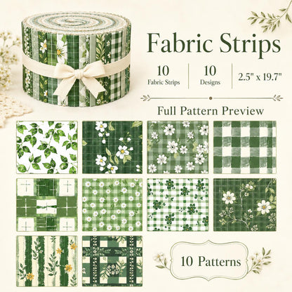 10pcs Vintage Floral Green Pattern Jelly Roll Fabric Strips 2.5X19.7inch Pre-cut 100% Polyester for Patchwork Quilts, Table Runners, Placemats, Tote Bags, Storage Pouches, Makeup Bags, Coasters, Quilt Blocks & Binding Multi-color