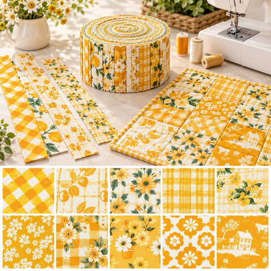10pcs Vintage Floral Yellow Theme Jelly Roll Fabric Strips 2.5X19.7inch Pre-Cut 100% Polyester For Patchwork Quilts, Table Runners, Placemats, Tote Bags, Storage Pouches, Makeup Bags, Coasters, Quilt Blocks & Binding