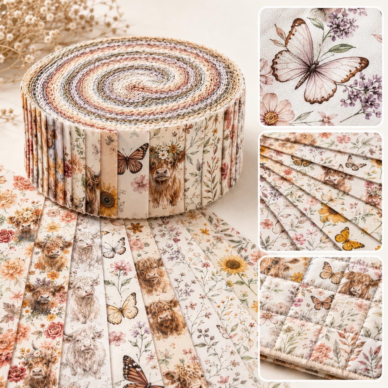 10Pc/Set, Making 10 Images 1pc Each, Each Size: 6.3*50cm Floral Butterfly Cow Series Sliced Fabric Set Style Combination, Polyester Jelly Roll Fabric Strips, Pre-Cut Quilting Squares, For Quilting DIY, Handicrafts And Sewing, Blankets, Rugs