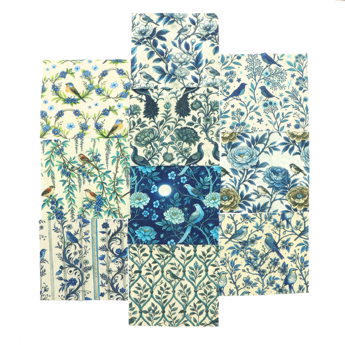 10Pc/Set Blue Flower Bird Series Fat Quarter Fabric, Pre-Cut Square Fabric Assort, Fabric Set, Craft Fabric, Handmade DIY Patchwork Fabric,Home Quilting Sewing Fabric, Packaging Fabric, Scrapbooking Craft Hobbyist