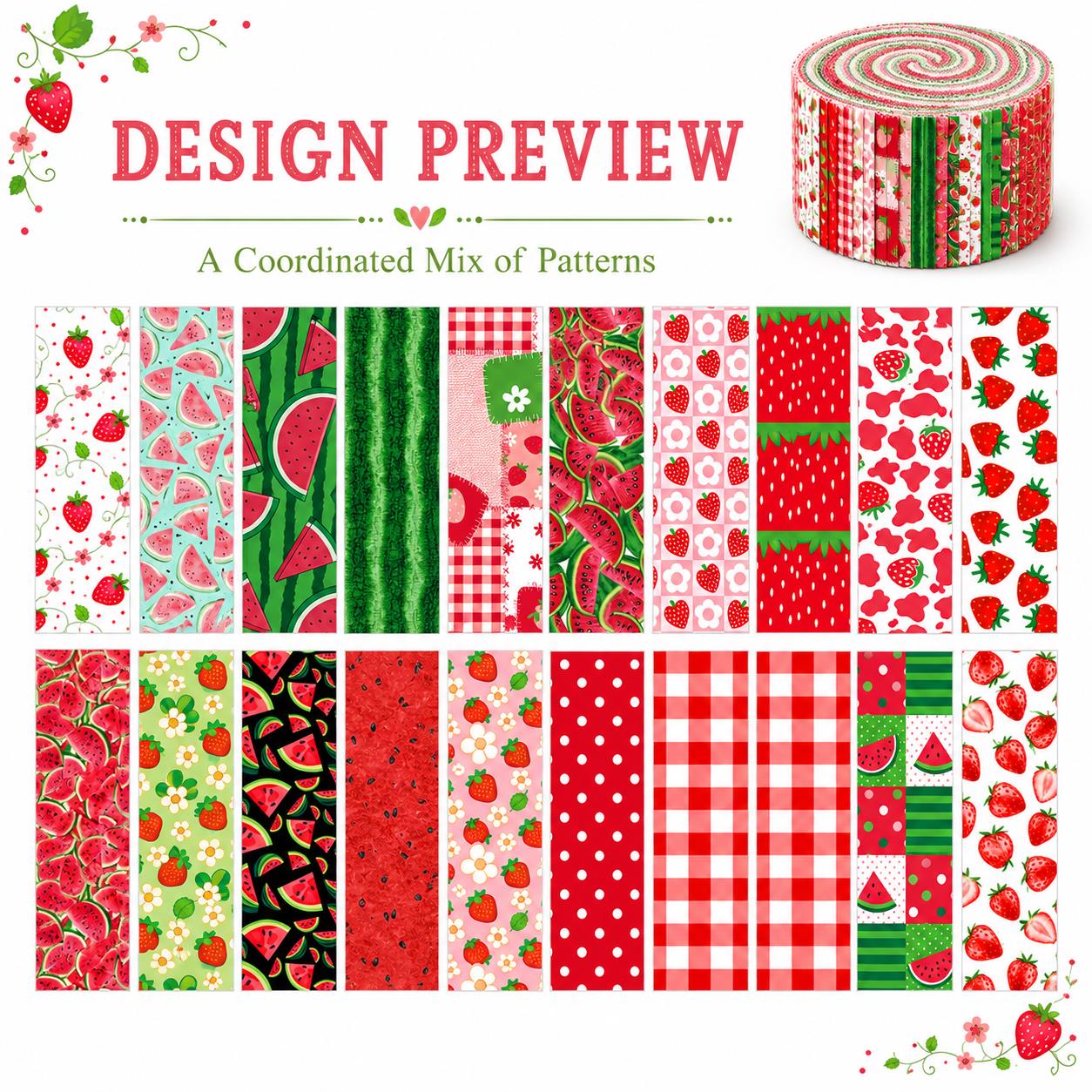 20pcs Vintage Strawberry Watermelon Fruit Pattern Blue Series Jelly Roll Sliced Fabric Strips 2.5X19.7inch Pre-Cut Floral Bow Knot Printed Multi-Color 100% Polyester For DIY Handmade Patchwork, Table Runners, Placemats, Tote Bags, Storage Pouches