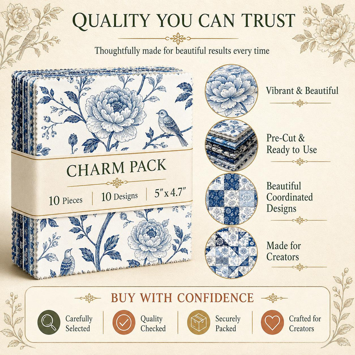 10Pc/Set Flower Blue Series Bird Leaves Fat Quarter Fabric, Pre-Cut Square Fabric Assort, Fabric Set, Craft Fabric, Handmade DIY Patchwork Fabric,Home Quilting Sewing Fabric, Packaging Fabric, Scrapbooking Craft Hobbyist