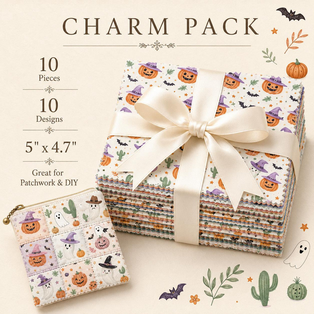 10pcs Charm Pack Set Halloween Pumpkin Ghost Holly Snow Pattern Vintage Style Handmade DIY with Rich Color and Texture Elements 100% Polyester Patchwork in 10 Design Styles Suitable for Patchwork DIY Craft Projects DIY Wallet Making Gift Giving Bag Making
