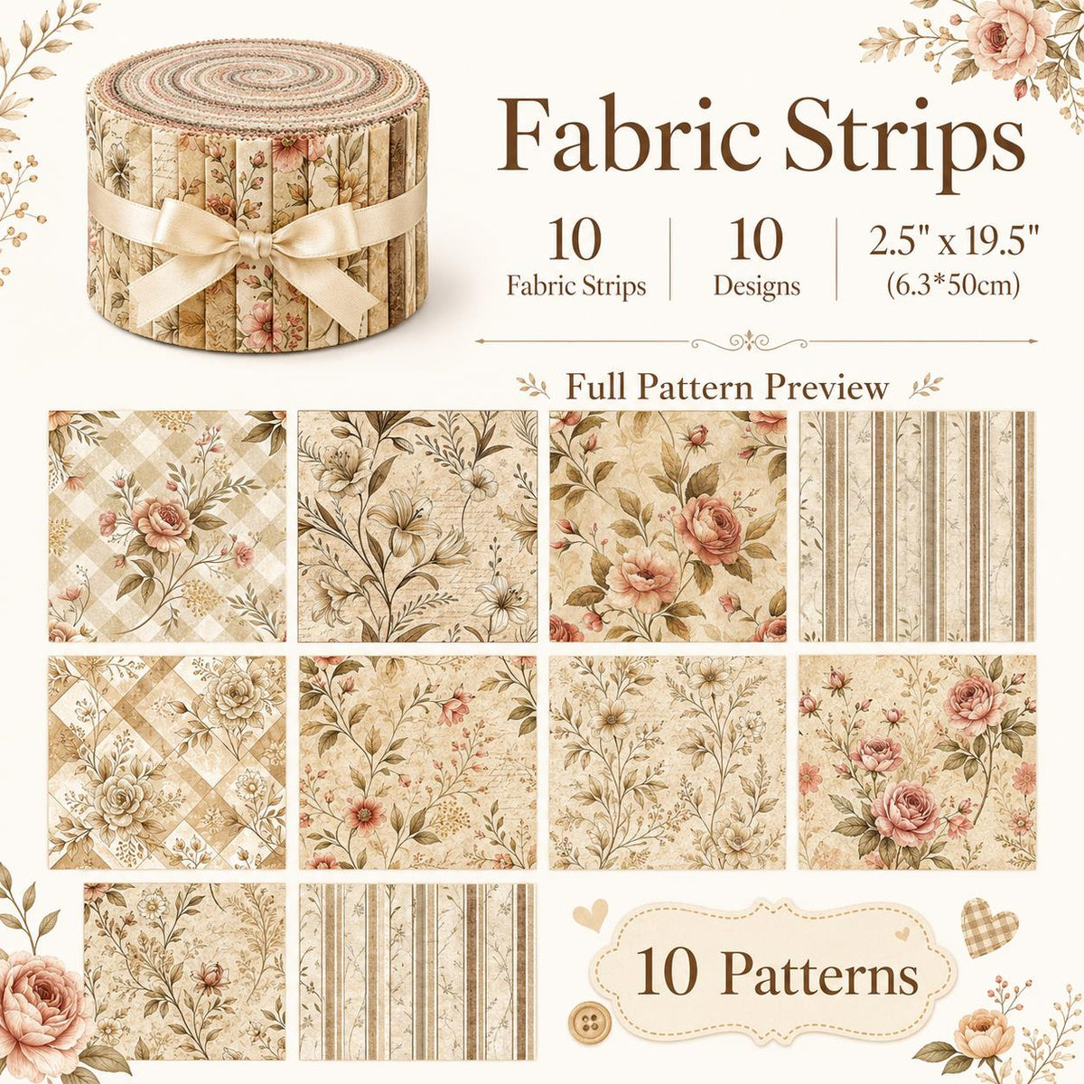 10pcs Vintage Daisy Floral Pattern Jelly Roll Fabric Strips 2.5X19.7inch Pre-Cut 100% Polyester For Patchwork Quilts, Table Runners, Placemats, Tote Bags, Storage Pouches, Makeup Bags, Coasters, Quilt Blocks & Binding