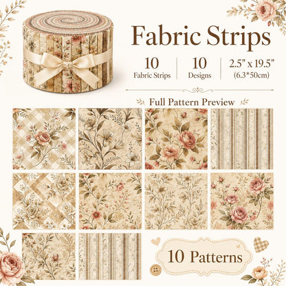 10pcs Vintage Daisy Floral Pattern Jelly Roll Fabric Strips 2.5X19.7inch Pre-Cut 100% Polyester For Patchwork Quilts, Table Runners, Placemats, Tote Bags, Storage Pouches, Makeup Bags, Coasters, Quilt Blocks & Binding