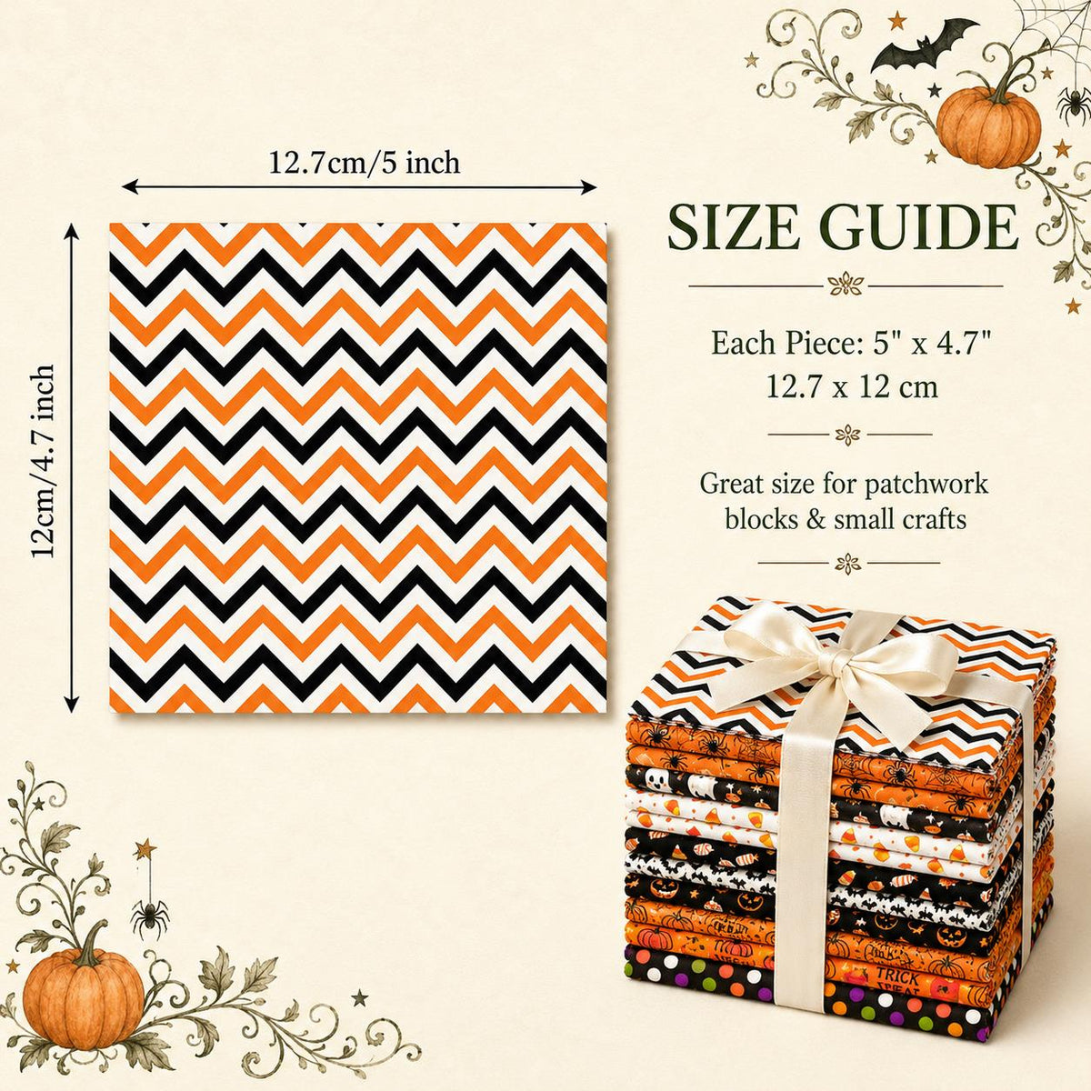 10pcs Charm Pack Set Pumpkin Bat Ghost Halloween Pattern Vintage Style Handmade DIY with Rich Color and Texture Elements 100% Polyester Patchwork in 10 Design Styles Suitable for Patchwork DIY Craft Projects DIY Wallet Making Gift Giving Bag Making Mother