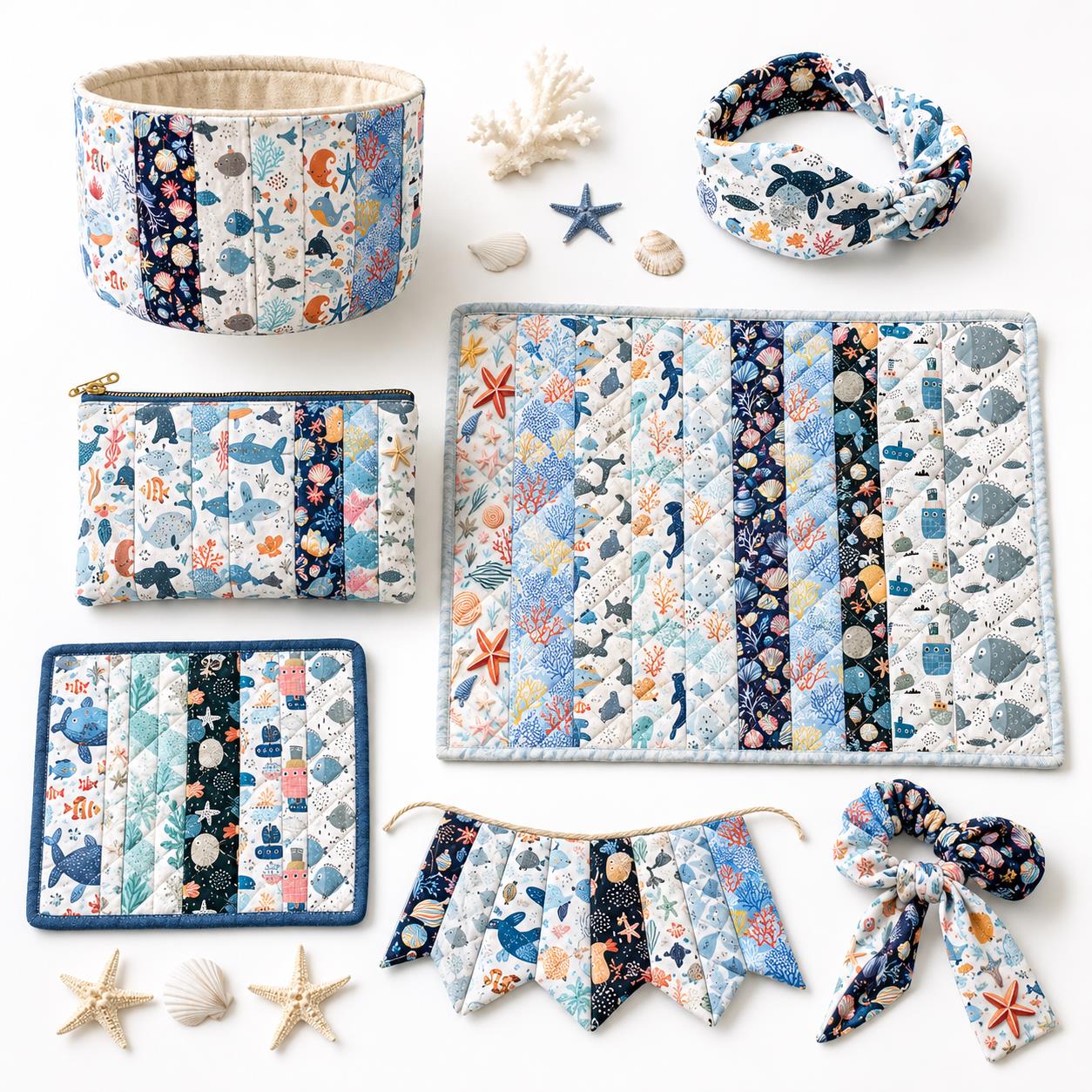 10Pc/Set, Making 10 Images 1pc Each, Each Size: 6.3*50cm Coral Dolphin Jellyfish Ocean Series Sliced Fabric Set Style Combination, Polyester Jelly Roll Fabric Strips, Pre-Cut Quilting Squares, For Quilting DIY, Handicrafts And Sewing, Blankets, Rugs