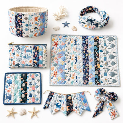 10Pc/Set, Making 10 Images 1pc Each, Each Size: 6.3*50cm Coral Dolphin Jellyfish Ocean Series Sliced Fabric Set Style Combination, Polyester Jelly Roll Fabric Strips, Pre-Cut Quilting Squares, For Quilting DIY, Handicrafts And Sewing, Blankets, Rugs