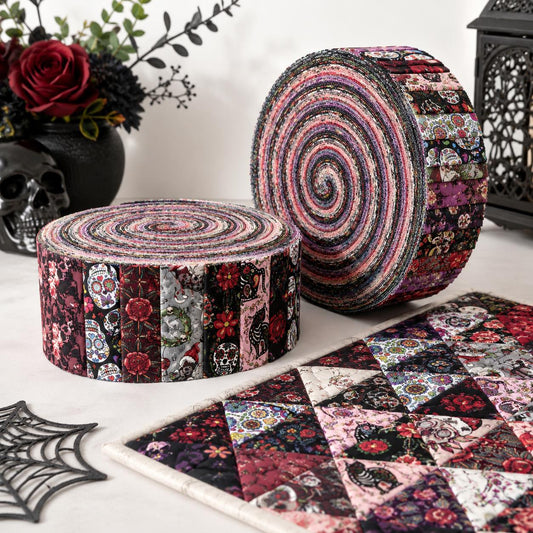 10pcs Vintage Skull Bone Halloween Theme Jelly Roll Fabric Strips 2.5X19.7inch Pre-Cut 100% Cotton For Patchwork Quilts, Table Runners, Placemats, Tote Bags, Storage Pouches, Makeup Bags, Coasters, Quilt Blocks & Binding