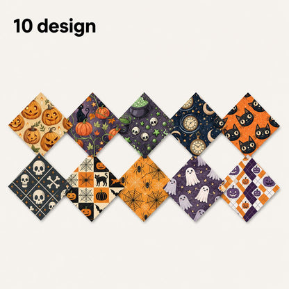10pcs Charm Pack Set Bat Pumpkin Skull Cat Halloween Vintage Style Pattern Handmade DIY with Rich Color and Texture Elements 100% Polyester Patchwork in 10 Design Styles Suitable for Patchwork DIY Craft Projects DIY Wallet Making Gift Giving Bag Making