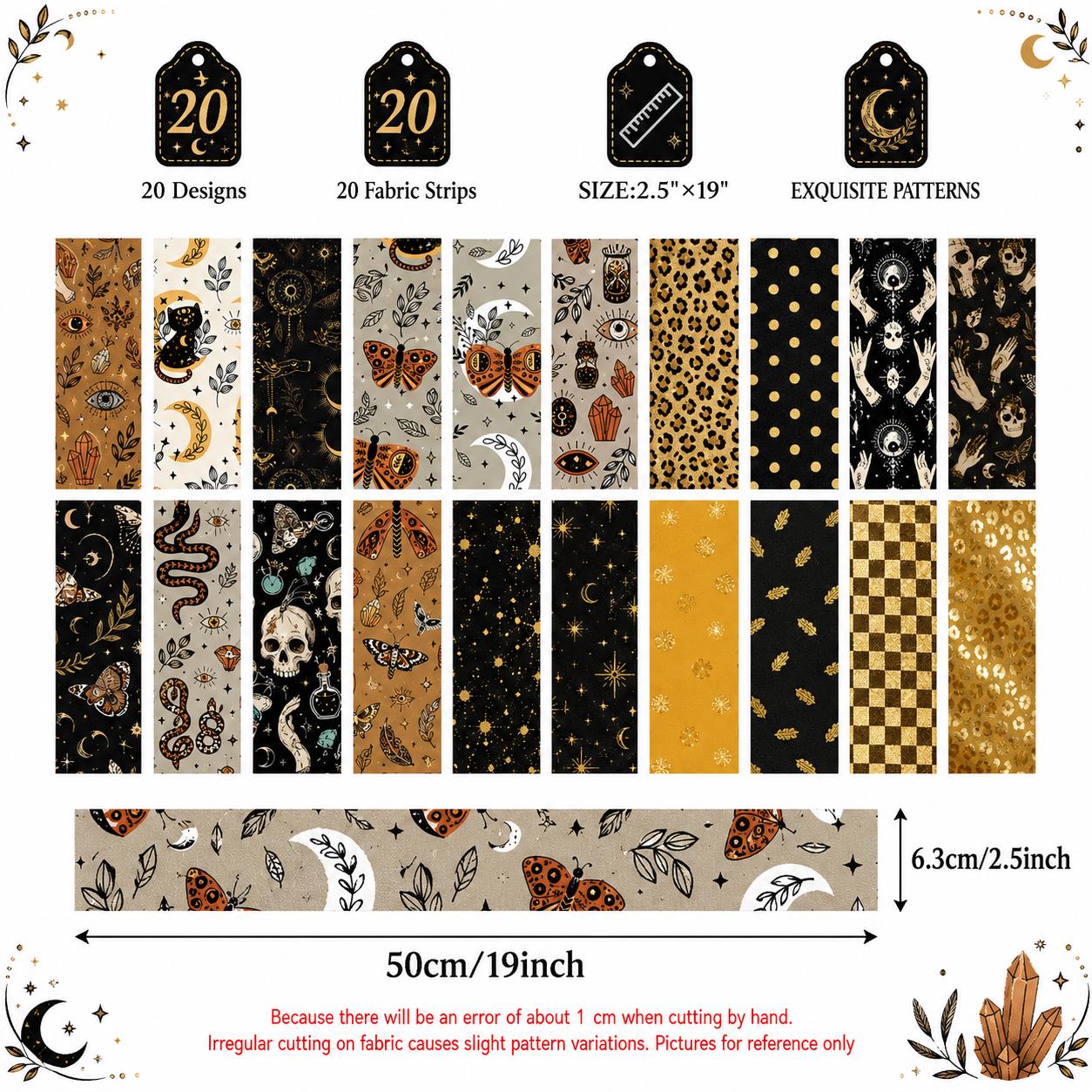 20pcs Skull Hand Black Series Jelly Roll Sliced Fabric Strips 2.5X19.7inch Delicate Printed Multi-Color 100% Polyester for DIY Handmade Patchwork, Table Runners, Placemats, Tote Bags, Storage Pouches, Makeup Bags, Coasters, Quilt Blocks & Binding Pre-cut