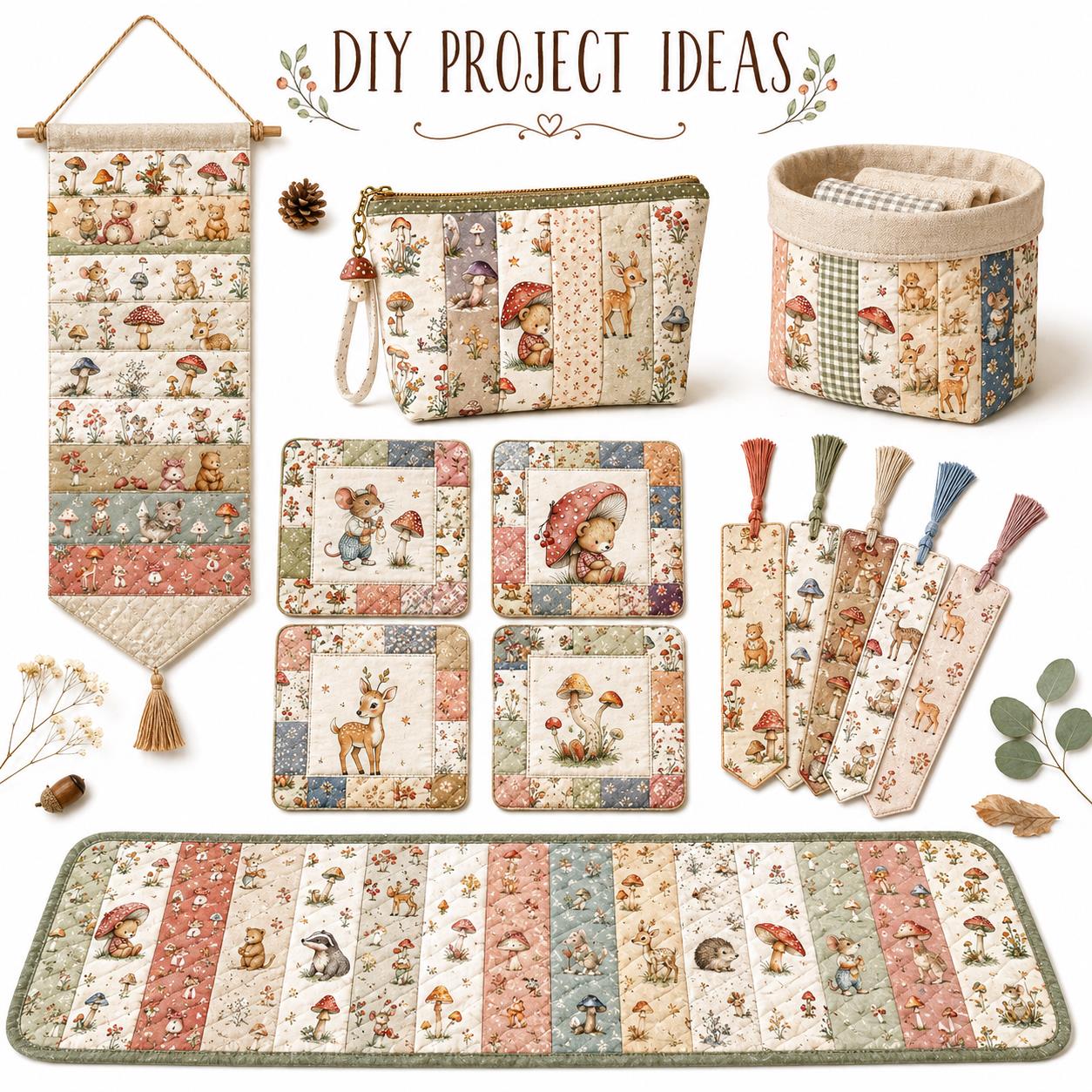 10Pc/Set, Making 10 Images 1pc Each, Each Size: 6.3*50cm Squirrel Mushroom Mouse Animal Series Sliced Fabric Set Style Combination, Polyester Jelly Roll Fabric Strips, Pre-Cut Quilting Squares, For Quilting DIY, Handicrafts And Sewing, Blankets, Rugs