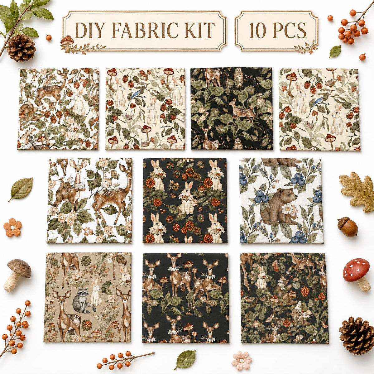 10pcs Charm Pack Set Deer Owl Animal Floral Pattern 100% Polyester Patchwork in 10 Design Styles, Ready-to-Sew Without Cutting, Suitable For Patchwork Wallet Making Gift Giving Tote Bags Coasters DIY Craft Projects Christmas Gift