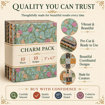 10pcs Charm Pack Set Floral Bee Pattern Vintage Style Handmade DIY with Rich Color and Texture Elements 100% Polyester Patchwork in 10 Design Styles Suitable for Patchwork DIY Craft Projects DIY Wallet Making Gift Giving Bag Making Mother's Day Gift