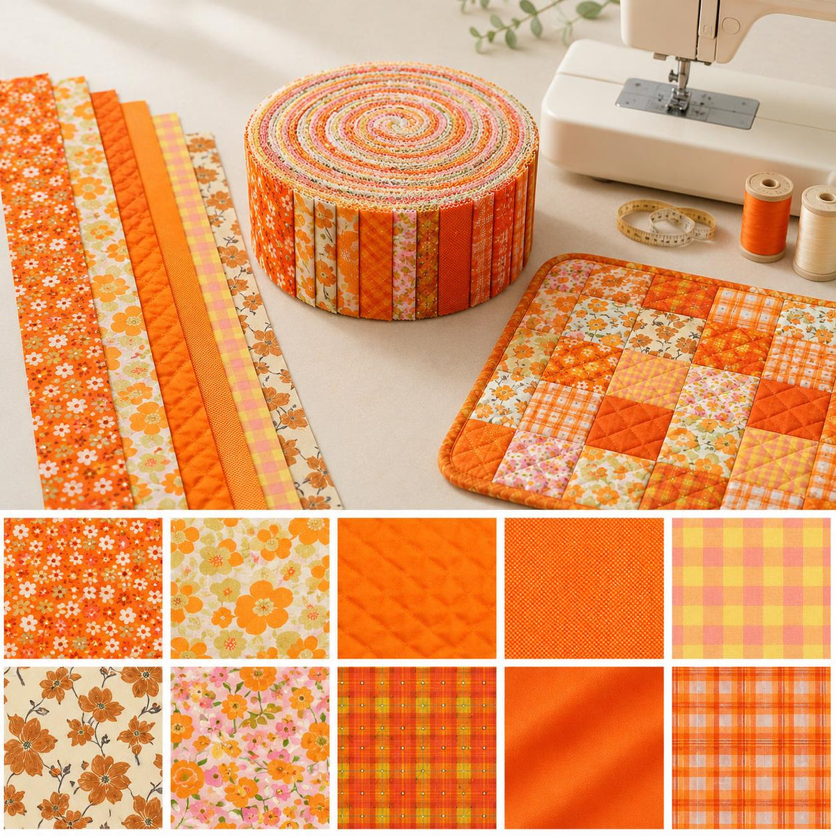 10Pc/Set, Making 10 Images 1pc Each, Each Size: 6.3*50cm Floral Orange Autumn Series Sliced Fabric Set Style Combination, Polyester Jelly Roll Fabric Strips, Pre-Cut Quilting Squares, For Quilting DIY, Handicrafts And Sewing, Blankets, Rugs, Interior Deco