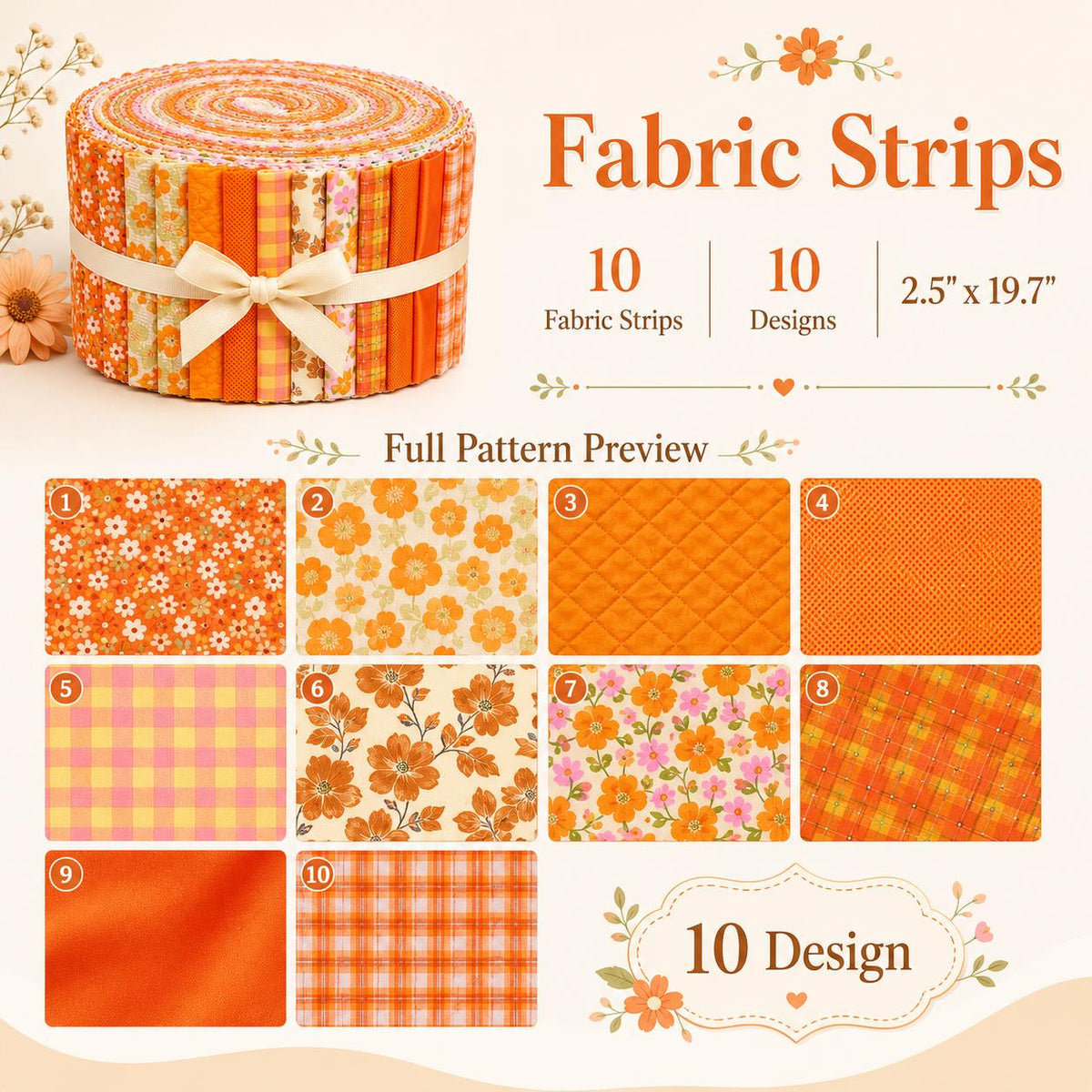 10Pc/Set, Making 10 Images 1pc Each, Each Size: 6.3*50cm Floral Orange Autumn Series Sliced Fabric Set Style Combination, Polyester Jelly Roll Fabric Strips, Pre-Cut Quilting Squares, For Quilting DIY, Handicrafts And Sewing, Blankets, Rugs, Interior Deco