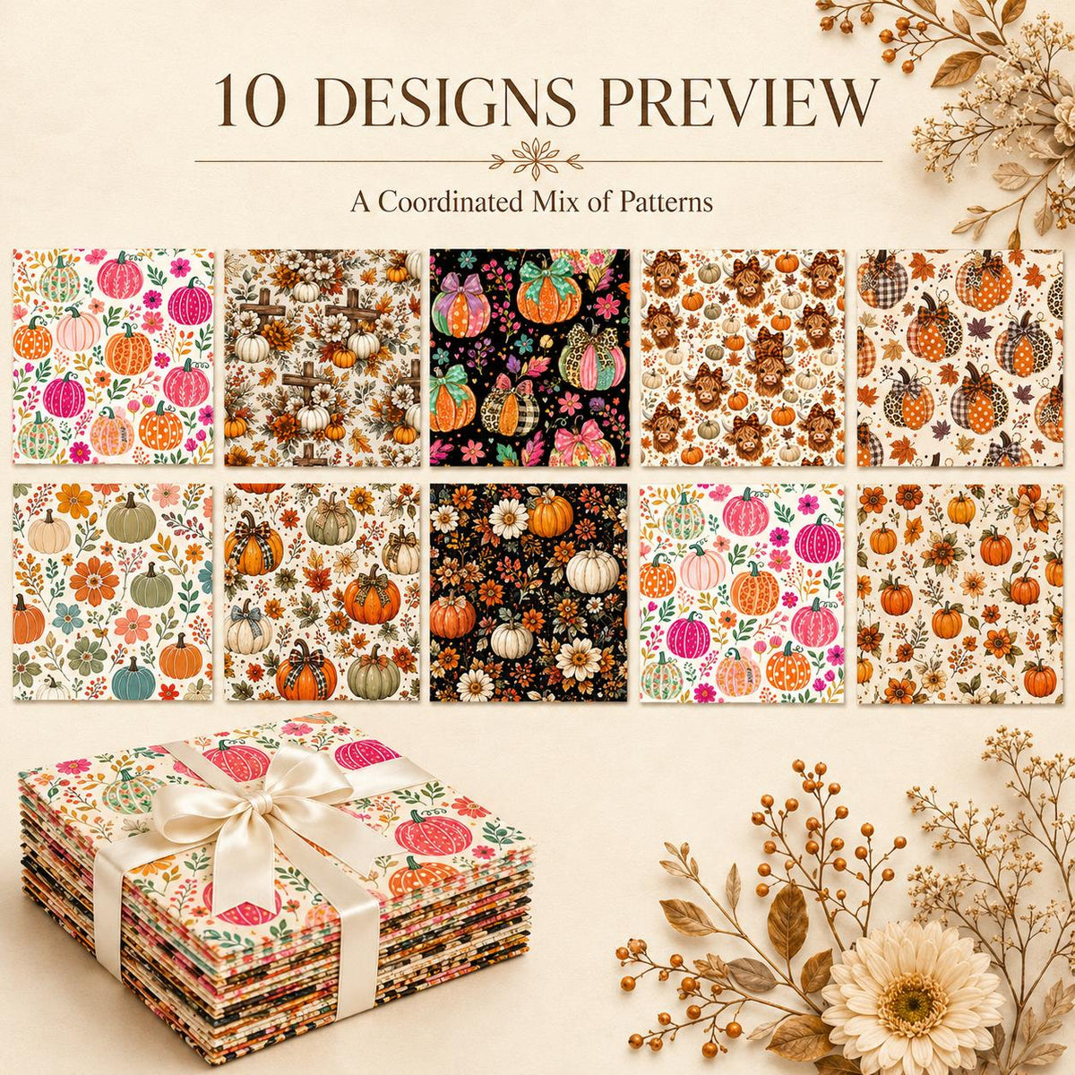 10pcs Charm Pack Set Floral Pumpkin Autumn Pattern Vintage Style Handmade DIY with Rich Color and Texture Elements 100% Polyester Patchwork in 10 Design Styles Suitable for Patchwork DIY Craft Projects DIY Wallet Making Gift Giving Bag Making Mother's Day