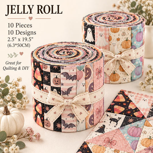 10pcs Vintage Ghost Halloween Pumpkin Theme Jelly Roll Fabric Strips 2.5X19.7inch Pre-Cut 100% Polyester For Patchwork Quilts, Table Runners, Placemats, Tote Bags, Storage Pouches, Makeup Bags, Coasters, Quilt Blocks & Binding