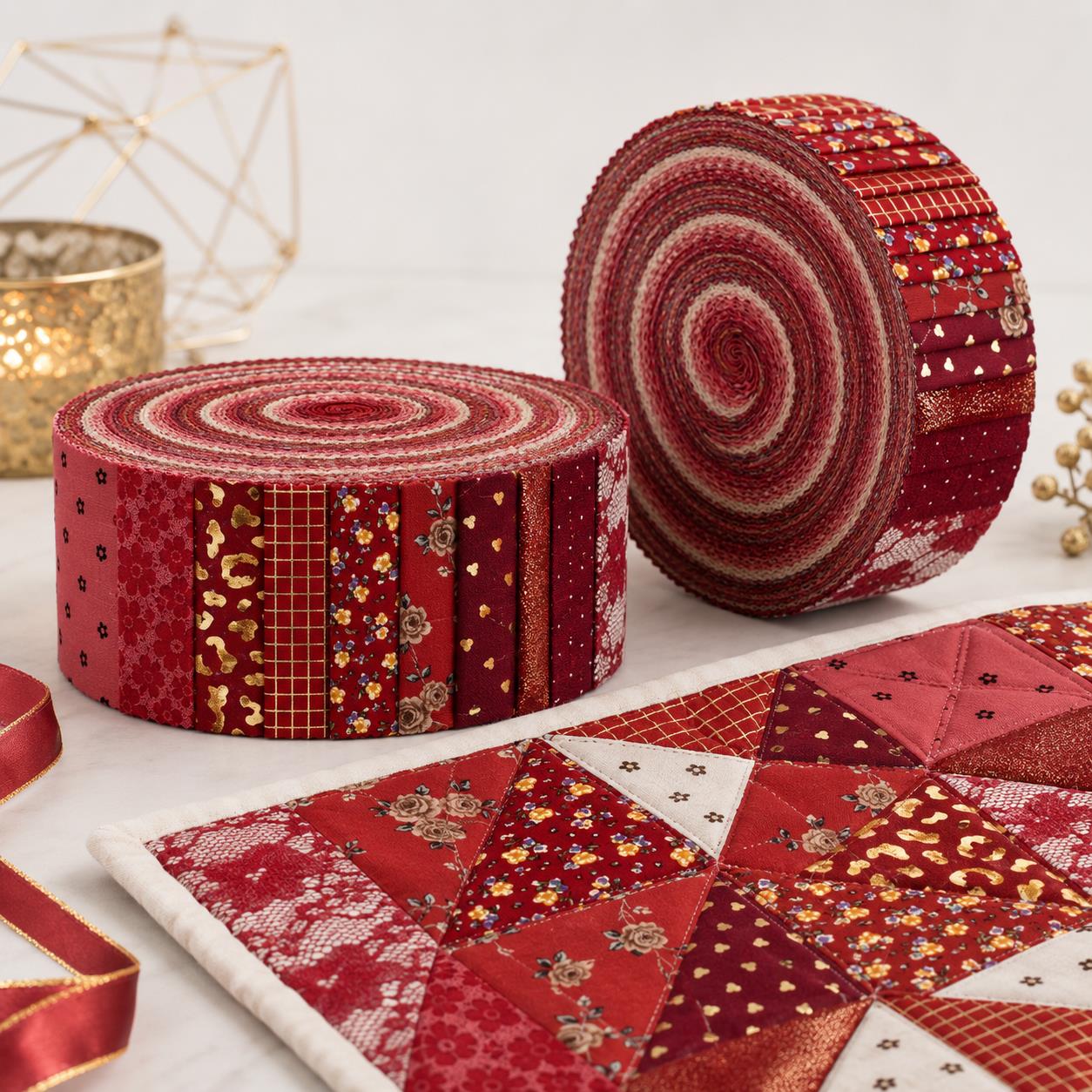 10Pc/Set, Making 10 Images 1pc Each, Each Size: 6.3*50cm Floral Red Series Sliced Fabric Set Style Combination, Polyester Jelly Roll Fabric Strips, Pre-Cut Quilting Squares, For Quilting DIY, Handicrafts And Sewing, Blankets, Rugs, Interior Decoration