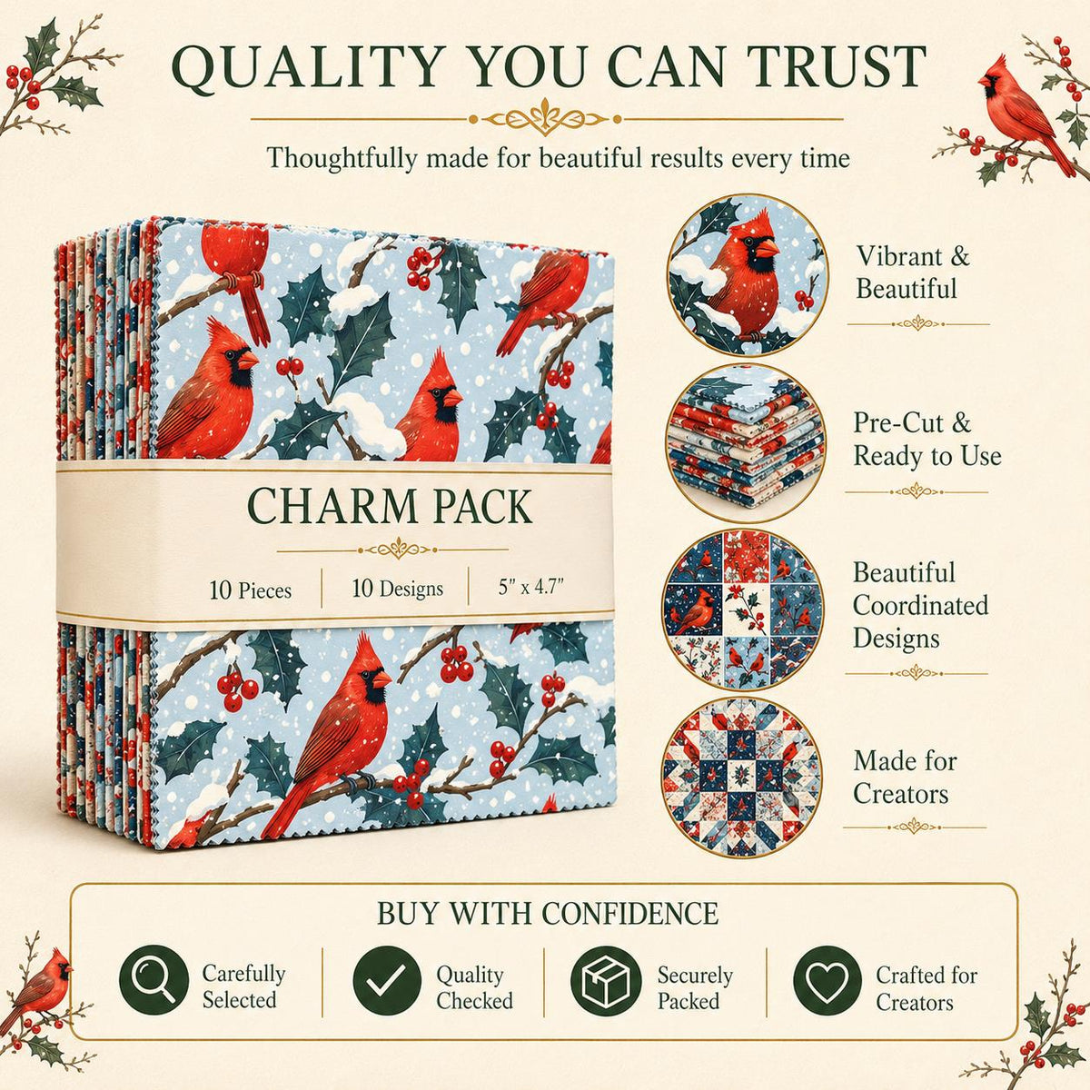 10Pc/Set Christmas Series Northern Cardinal Holly Fat Quarter Fabric, Pre-Cut Square Fabric Assort, Fabric Set, Craft Fabric, Handmade DIY Patchwork Fabric,Home Quilting Sewing Fabric, Packaging Fabric, Scrapbooking Craft Hobbyist