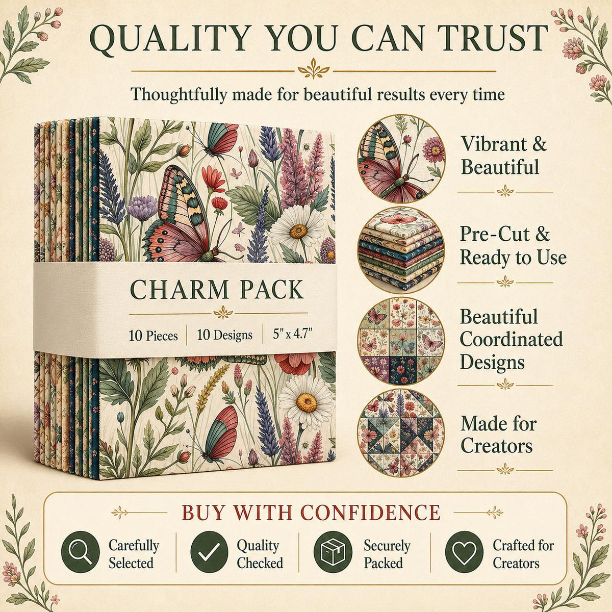10pcs Charm Pack Set Floral Butterfly Pattern Vintage Style Handmade DIY with Rich Color and Texture Elements 100% Polyester Patchwork in 10 Design Styles Suitable for Patchwork DIY Craft Projects DIY Wallet Making Gift Giving Bag Making Mother's Day Gift