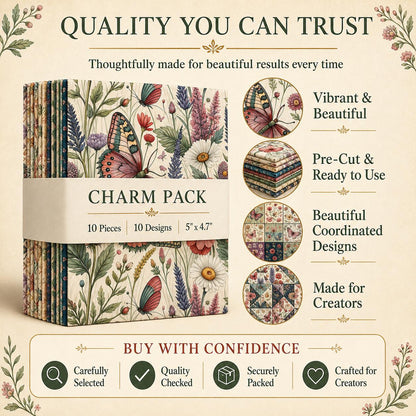 10pcs Charm Pack Set Floral Butterfly Pattern Vintage Style Handmade DIY with Rich Color and Texture Elements 100% Polyester Patchwork in 10 Design Styles Suitable for Patchwork DIY Craft Projects DIY Wallet Making Gift Giving Bag Making Mother's Day Gift