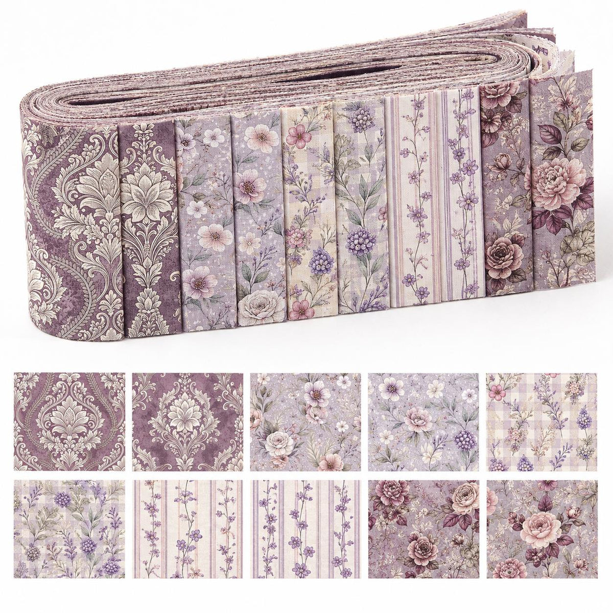 10pcs Vintage Floral Burgundy Pattern Jelly Roll Fabric Strips 2.5X19.7inch Pre-Cut 100% Polyester For Patchwork Quilts, Table Runners, Placemats, Tote Bags, Storage Pouches, Makeup Bags, Coasters, Quilt Blocks & Binding