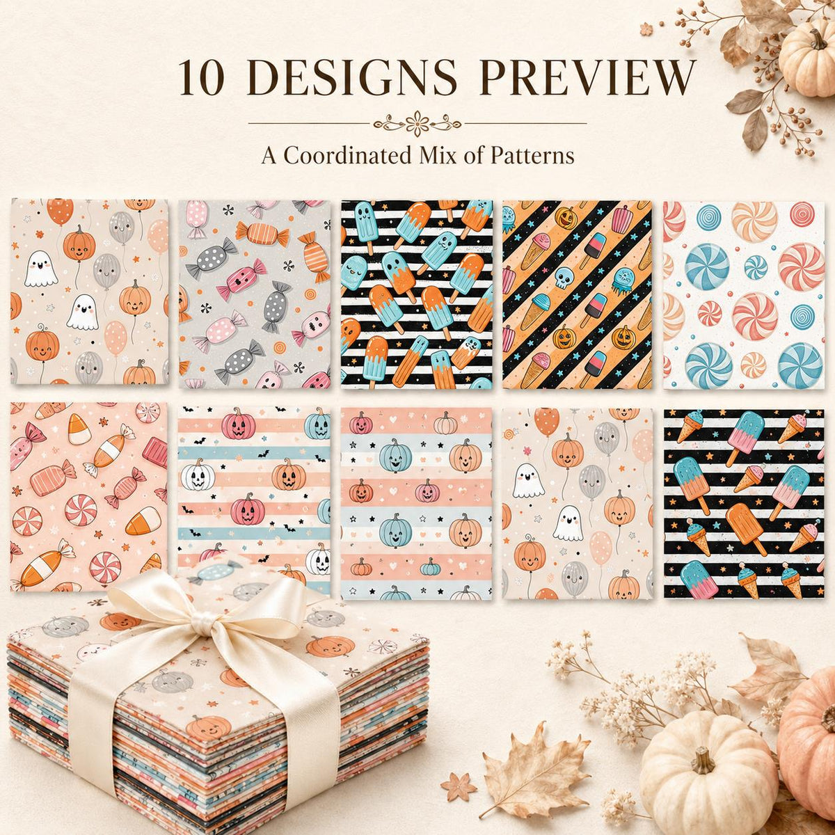 10pcs Charm Pack Set Pumpkin Ghost Halloween Vintage Style Pattern Handmade DIY with Rich Color and Texture Elements 100% Polyester Patchwork in 10 Design Styles Suitable for Patchwork DIY Craft Projects DIY Wallet Making Gift Giving Bag Making Mother's D
