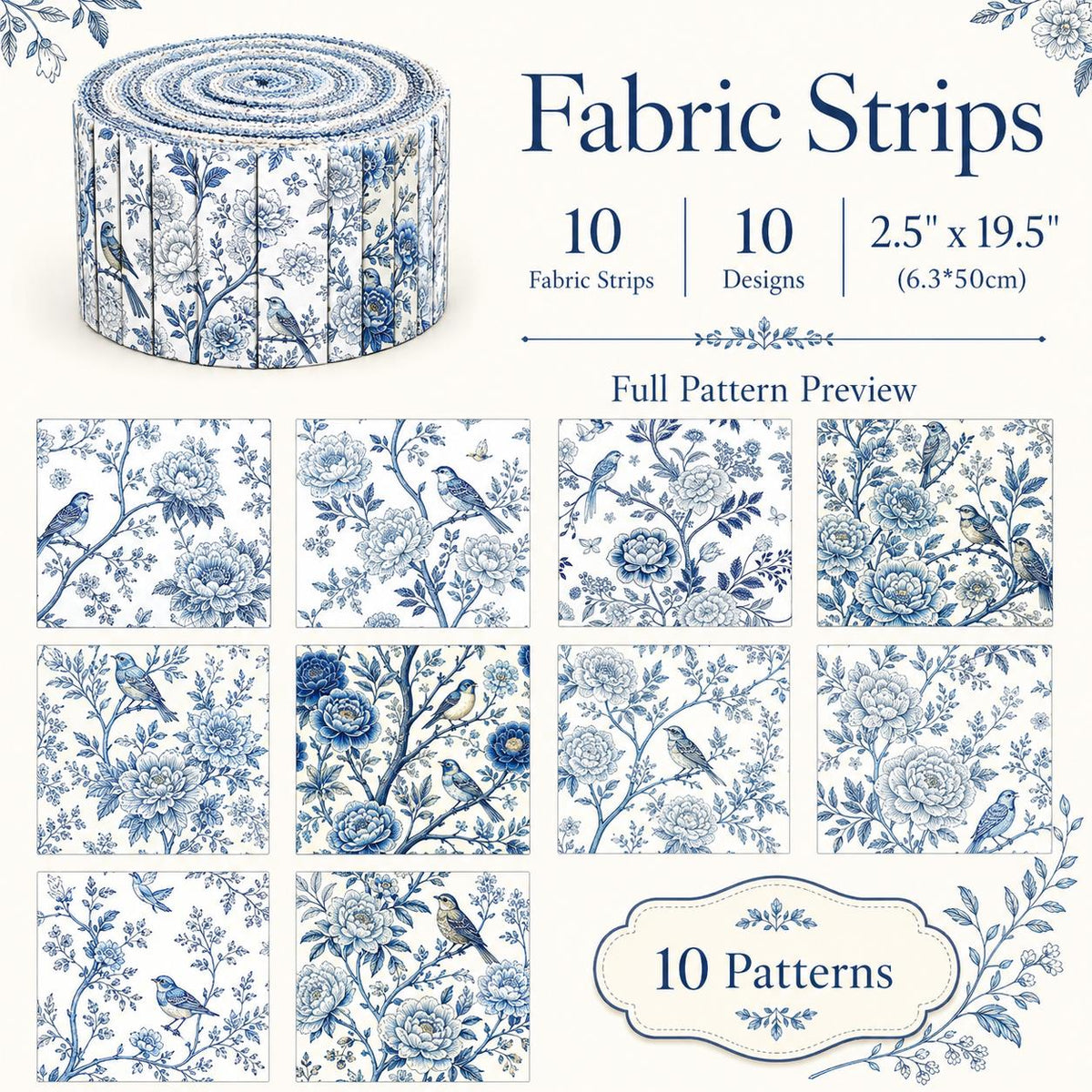 10pcs Vintage Blue Floral Pattern Jelly Roll Fabric Strips 2.5X19.7inch Pre-Cut 100% Polyester For Patchwork Quilts, Table Runners, Placemats, Tote Bags, Storage Pouches, Makeup Bags, Coasters, Quilt Blocks & Binding