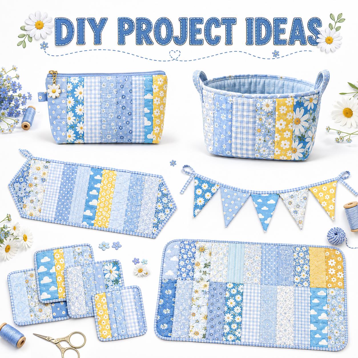 20pcs Vintage Daisy Floral Blue Series Jelly Roll Sliced Fabric Strips 2.5X19.7inch Fresh and Delicate Printed Pre-cut Multi-Color 100% Polyester for DIY Handmade Patchwork, Table Runners, Placemats, Tote Bags, Storage Pouches, Makeup Bags, Coasters