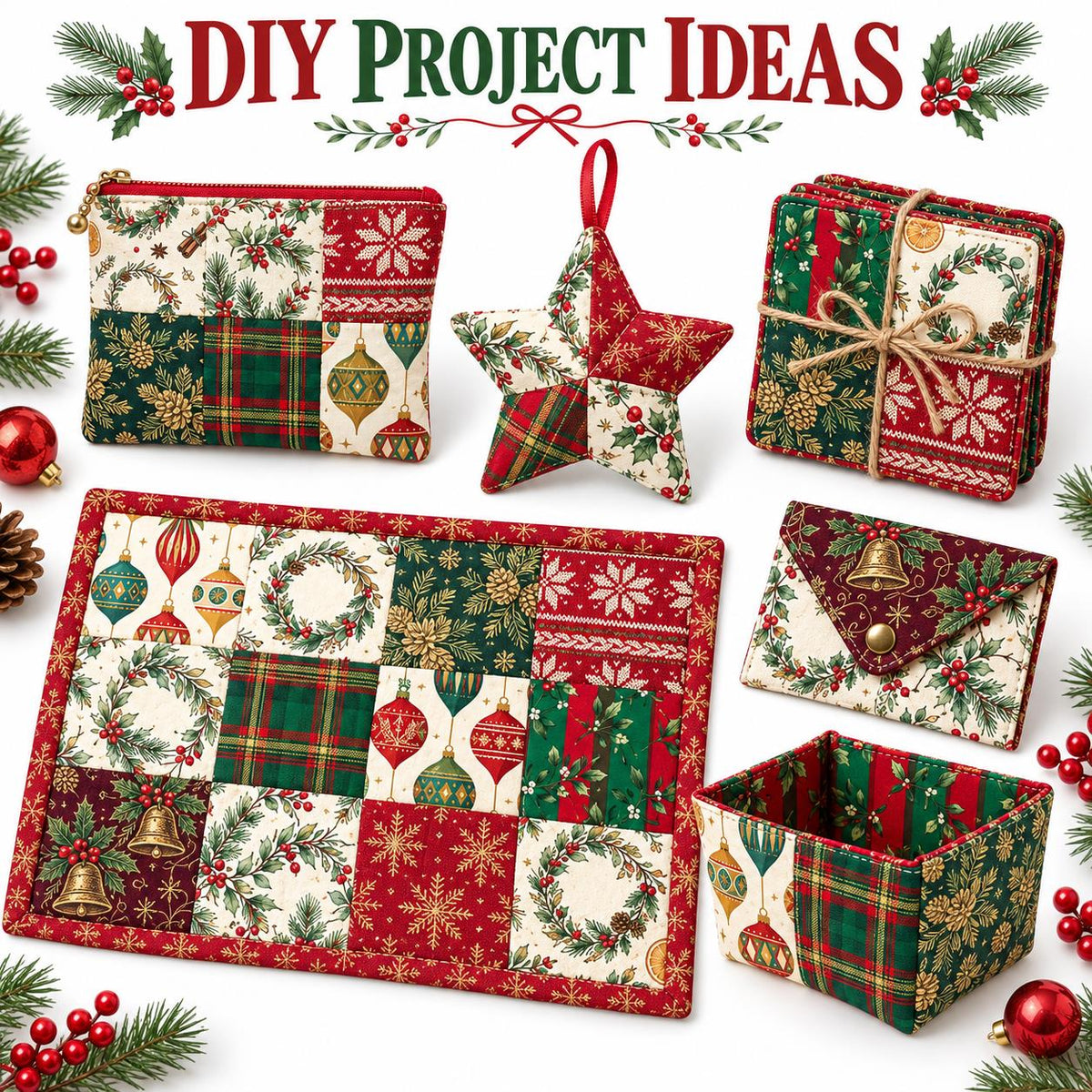 10Pc/Set Christmas Series Stripe Bowknot Wreath Flower Star Plaid Holly Pinecones Fat Quarter Fabric, Pre-Cut Square Fabric Assort, Fabric Set, Craft Fabric, Handmade DIY Patchwork Fabric,Home Quilting Sewing Fabric, Packaging Fabric, Scrapbooking Craft H